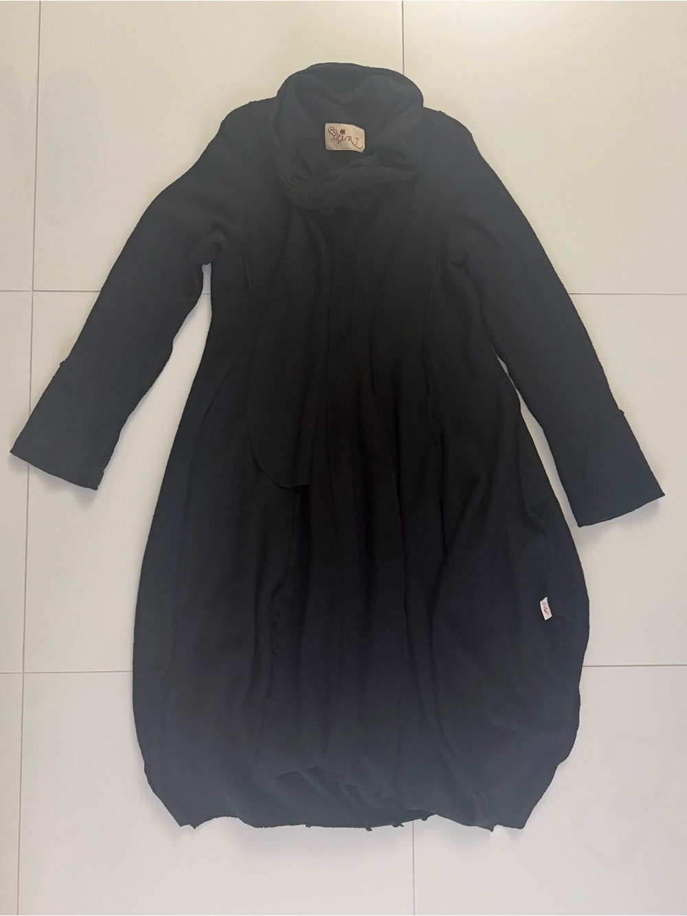 Black Long Bubble Hem Coat with Scarf Collar